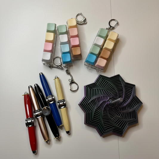 Desk Fidget Set – Keyboard Clicker, 3D Spiral Spinner, and Fidget Pen bundle
